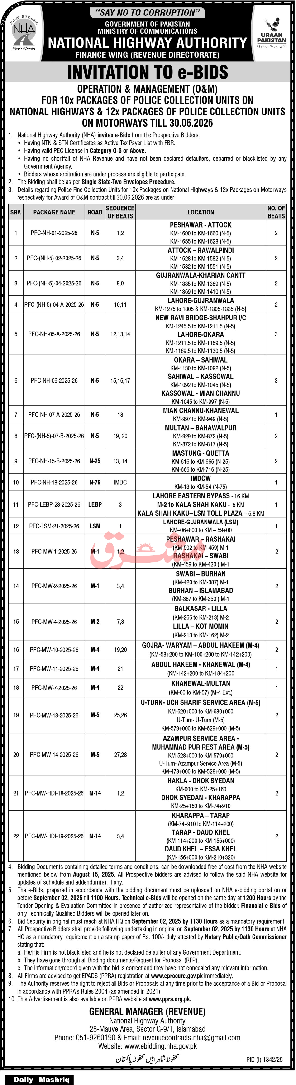 National Highway Authority Islamabad Tender Notice